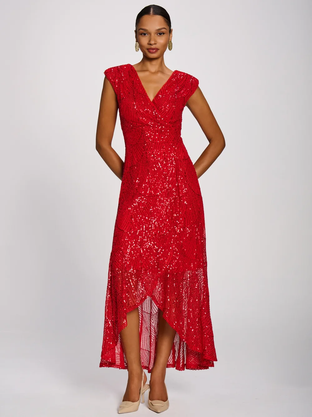 Jolie Moi Scarlet Red Sequin Flare Hem Maxi Dress - 16 Image 3