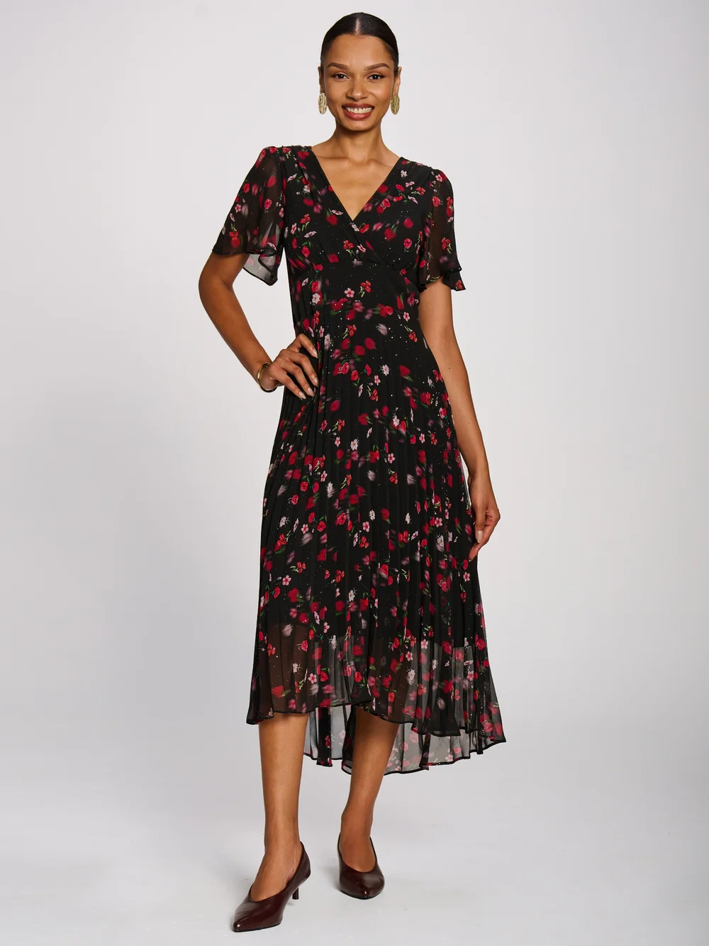 Jolie Moi Red Floral Chiffon Pleated Maxi Dress - 22 Image 4