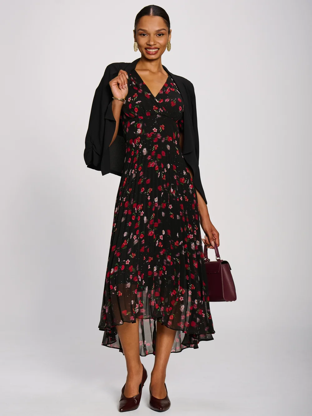 Jolie Moi Red Floral Chiffon Pleated Maxi Dress - 22 Image 5