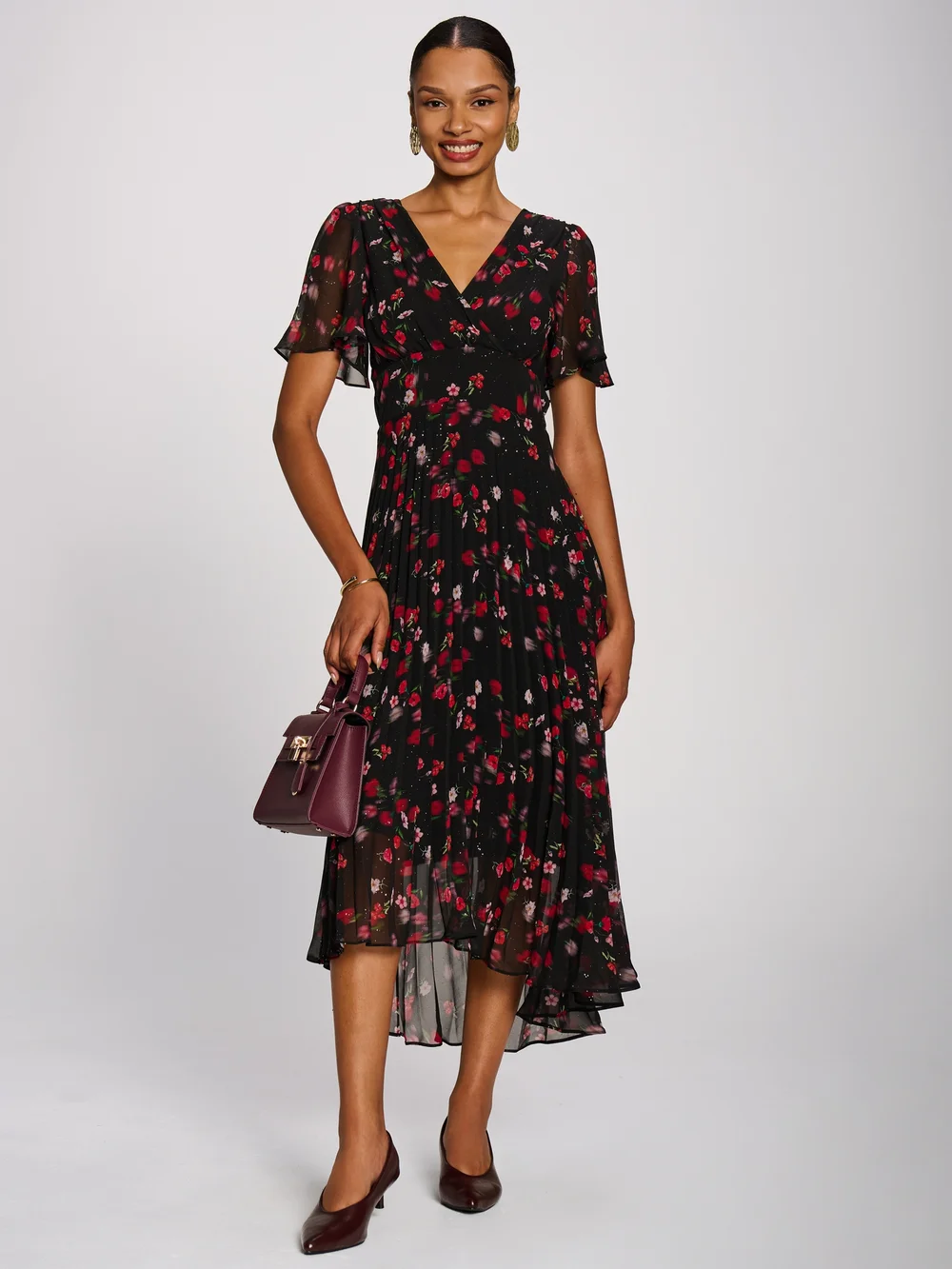 Jolie Moi Red Floral Chiffon Pleated Maxi Dress - 22 Image 1
