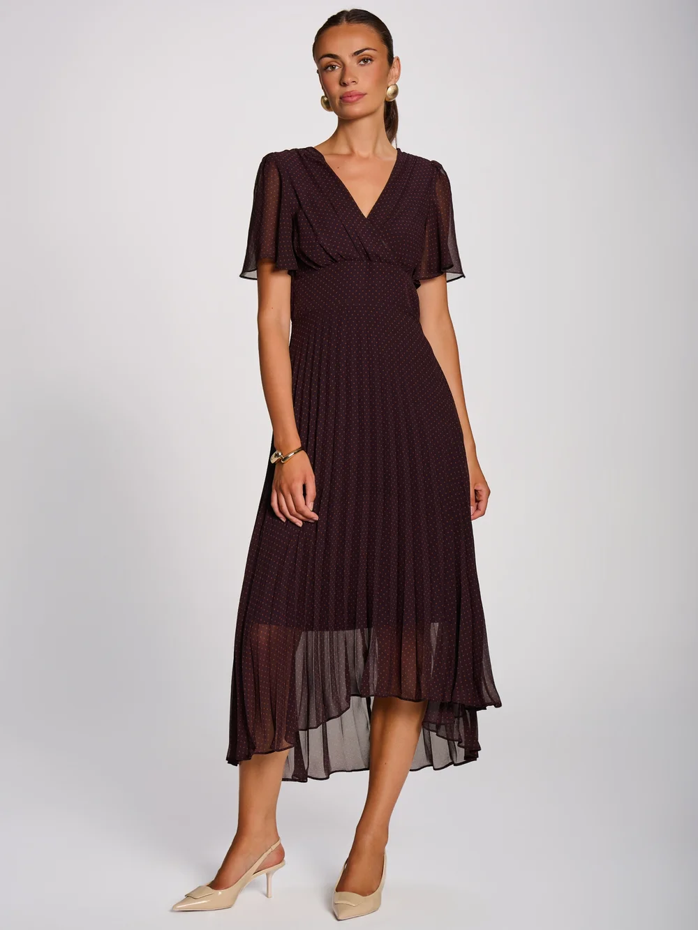 Jolie Moi Dark Brown Spot Angel Sleeve Pleated Chiffon Maxi Dress - 16 Image 1