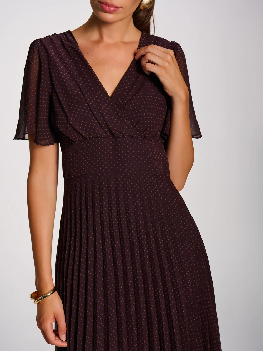 Jolie Moi Dark Brown Spot Angel Sleeve Pleated Chiffon Maxi Dress - 16 Image 2