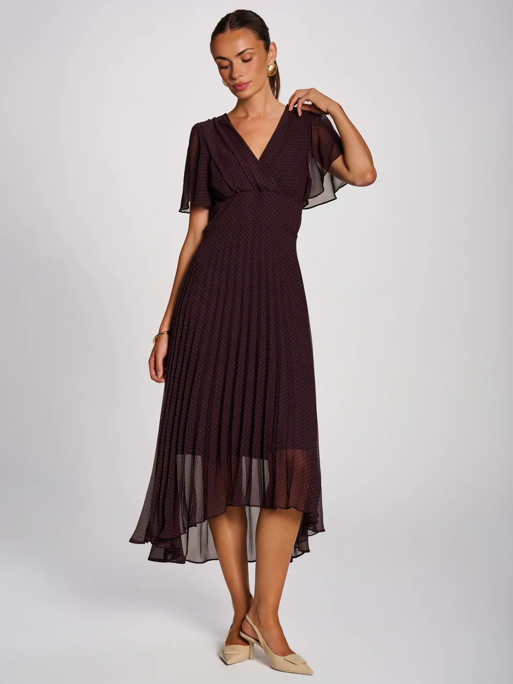 Jolie Moi Dark Brown Spot Angel Sleeve Pleated Chiffon Maxi Dress - 16 Image 4