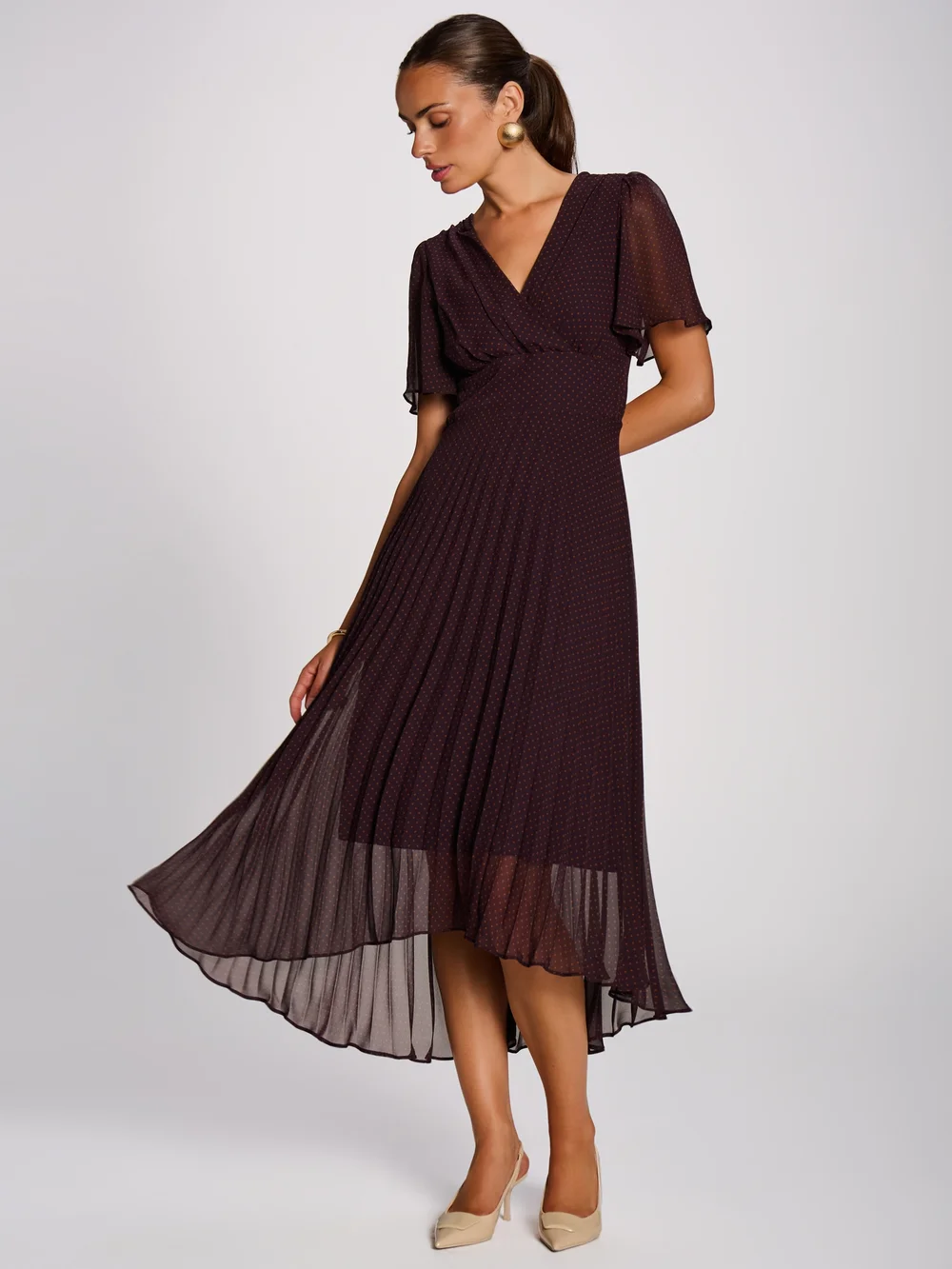 Jolie Moi Dark Brown Spot Angel Sleeve Pleated Chiffon Maxi Dress - 16 Image 3