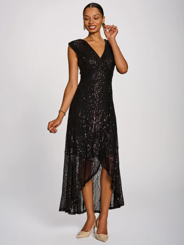 Jolie Moi Espresso Purple Sequin V-Neck Maxi Dress