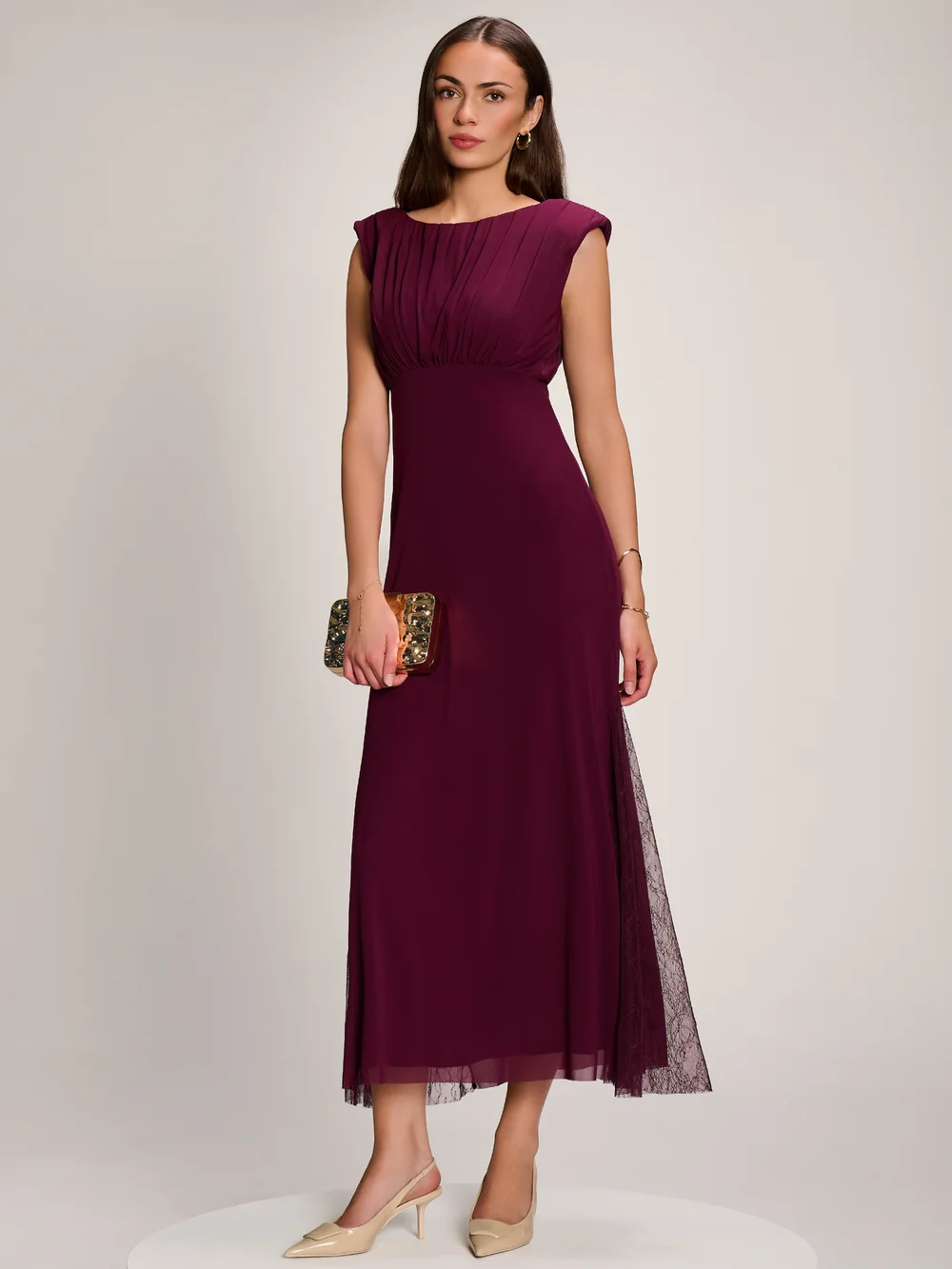 Jolie Moi Dark Purple Lace Insert Mesh Maxi Dress - 16 Image 5
