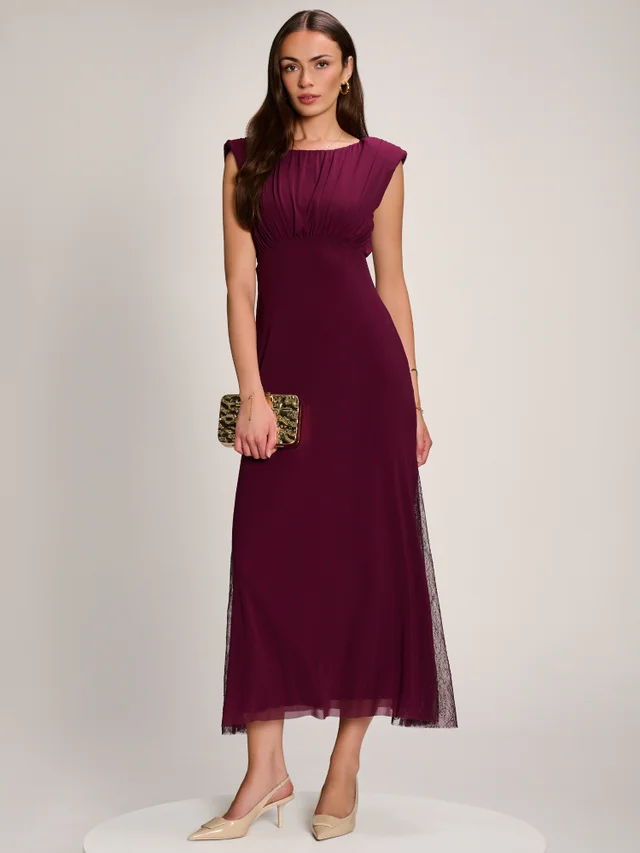 Jolie Moi Dark Purple Lace Insert Mesh Maxi Dress