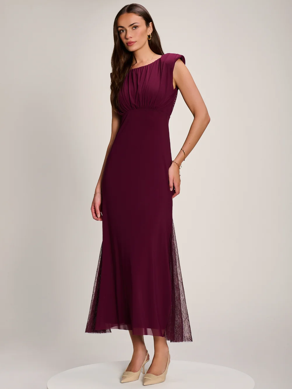 Jolie Moi Dark Purple Lace Insert Mesh Maxi Dress - 16 Image 3