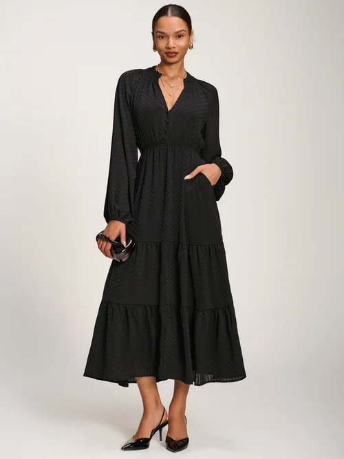 Jolie Moi Black Long Sleeve Textured Satin Midaxi Dress - 18 Image 1