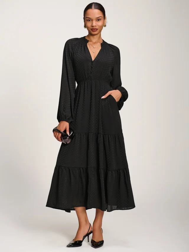 Jolie Moi Black Long Sleeve Textured Satin Midaxi Dress
