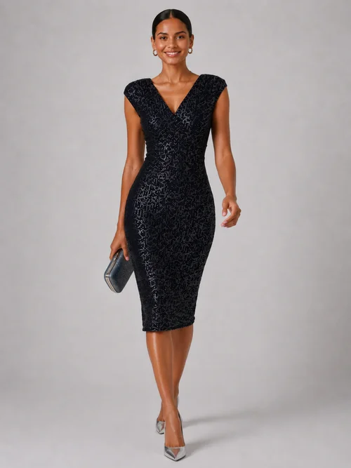 Jolie Moi Navy/Silver Wrap Bodice Sequin Midi Dress - 18 Image 5