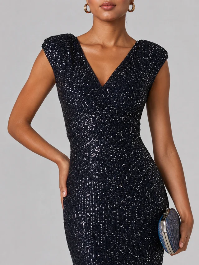 Jolie Moi Navy/Silver Wrap Bodice Sequin Midi Dress