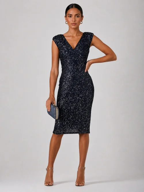 Jolie Moi Navy/Silver Wrap Bodice Sequin Midi Dress - 18 Image 1