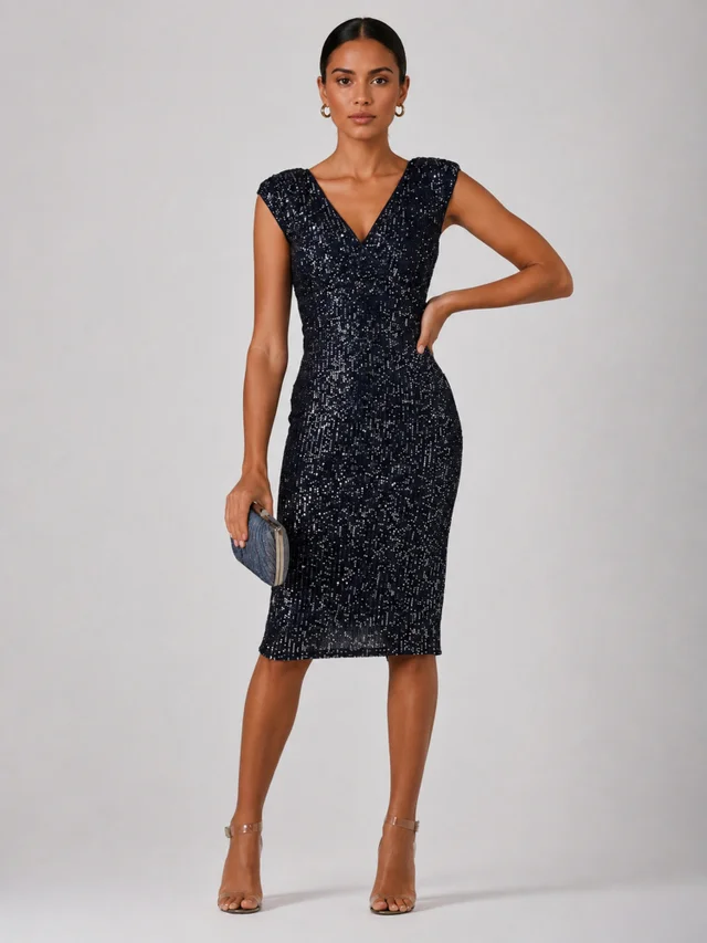 Jolie Moi Navy/Silver Wrap Bodice Sequin Midi Dress