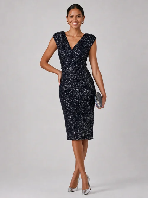 Jolie Moi Navy/Silver Wrap Bodice Sequin Midi Dress - 18 Image 3