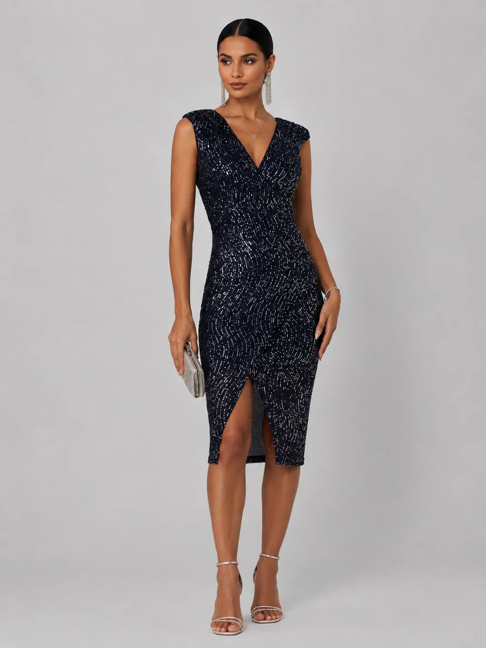 Jolie Moi Navy Silver Deja Sequin Midi Dress With Slit - 16 Image 4