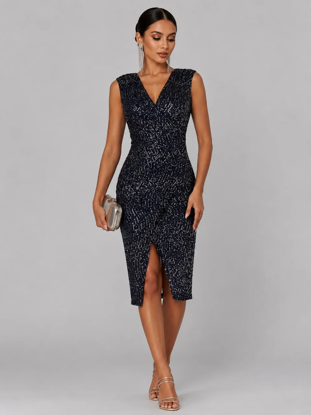 Jolie Moi Navy Silver Deja Sequin Midi Dress With Slit - 16 Image 5