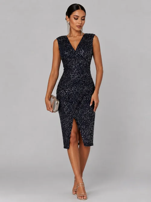 Jolie Moi Navy Silver Deja Sequin Midi Dress With Slit - 16 Image 5