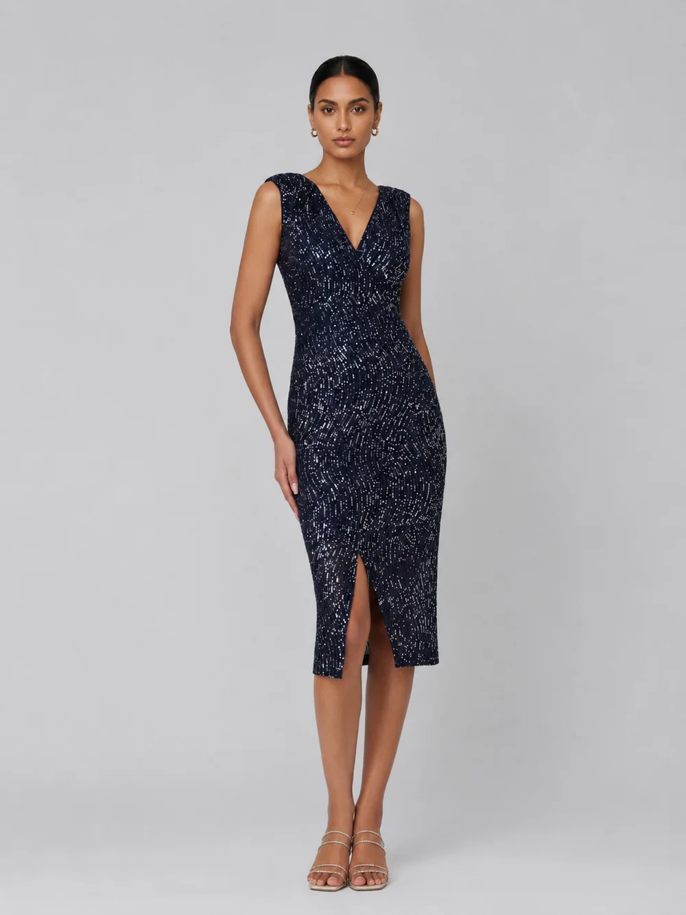 Jolie Moi Navy Silver Deja Sequin Midi Dress With Slit - 16 Image 1