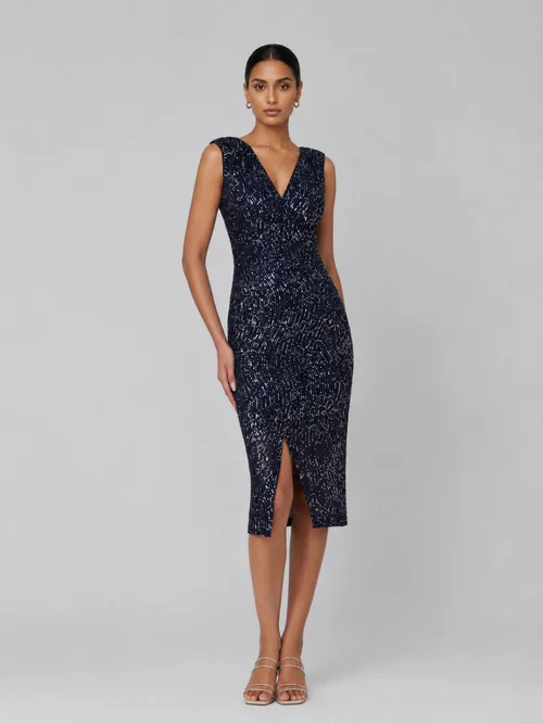 Jolie Moi Navy Silver Deja Sequin Midi Dress With Slit - 16 Image 1