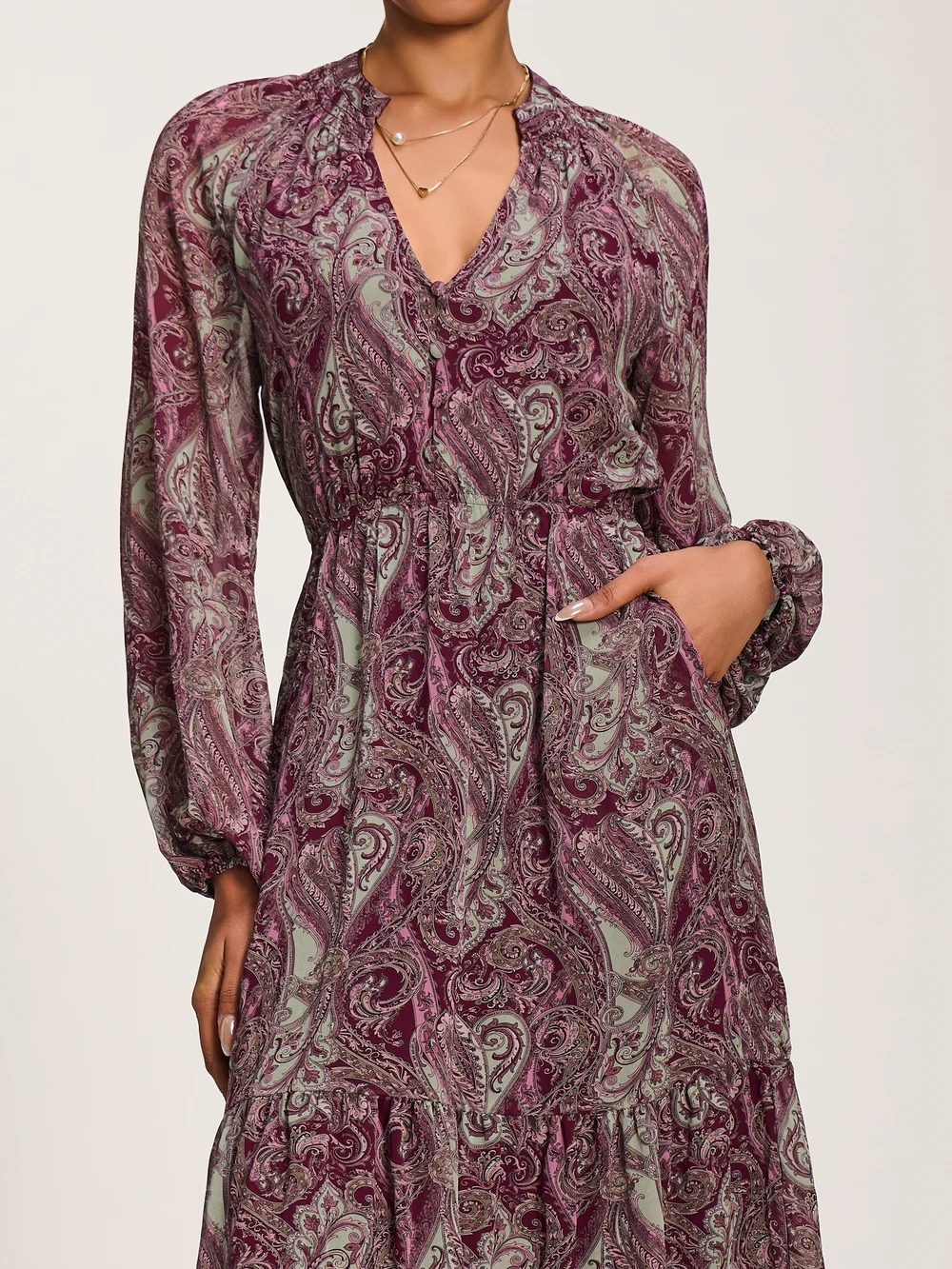 Jolie Moi Burgundy Multi Long Sleeve Paisley Chiffon Maxi Dress - 14 Image 2