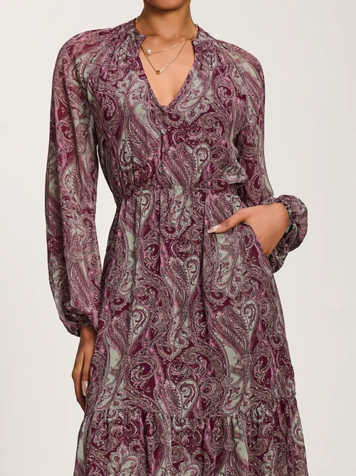 Jolie Moi Burgundy Multi Long Sleeve Paisley Chiffon Maxi Dress - 14 Image 2