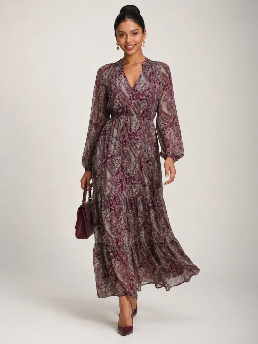 Jolie Moi Burgundy Multi Long Sleeve Paisley Chiffon Maxi Dress - 14 Image 5