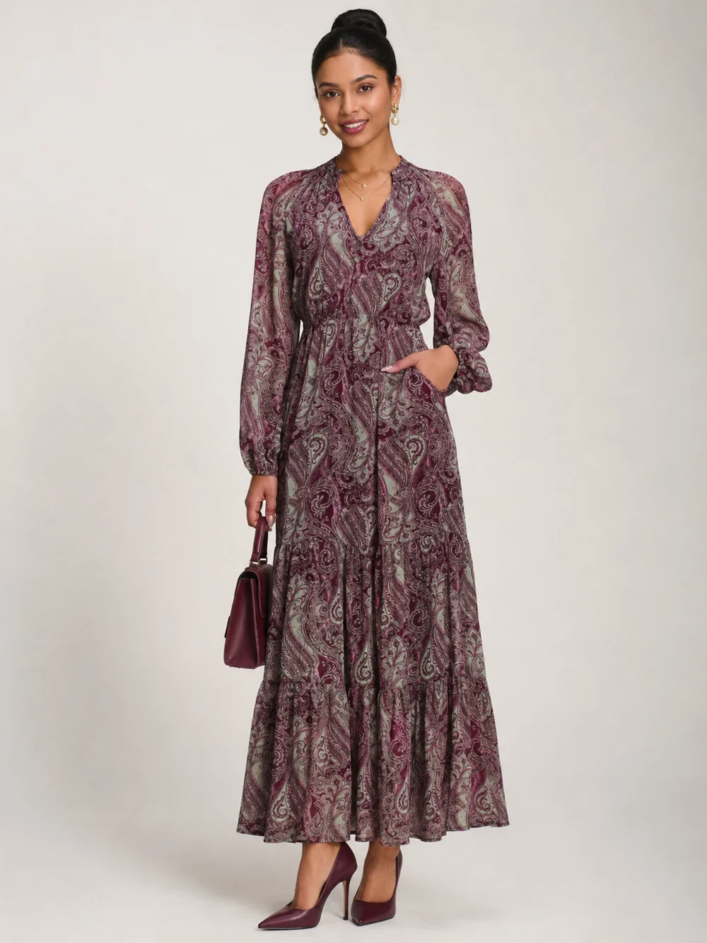 Jolie Moi Burgundy Multi Long Sleeve Paisley Chiffon Maxi Dress - 14 Image 4