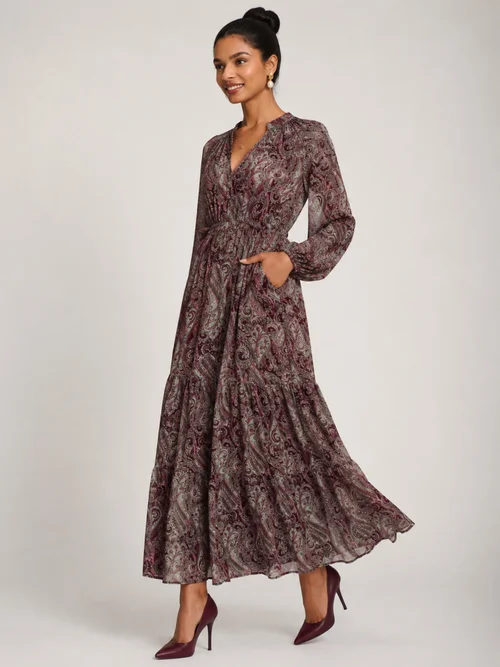 Jolie Moi Burgundy Multi Long Sleeve Paisley Chiffon Maxi Dress - 14 Image 3