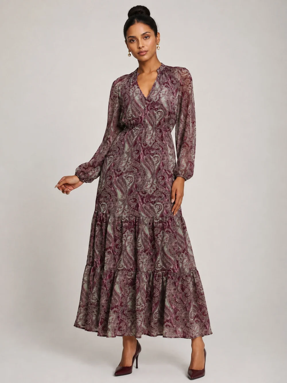 Jolie Moi Burgundy Multi Long Sleeve Paisley Chiffon Maxi Dress - 14 Image 1