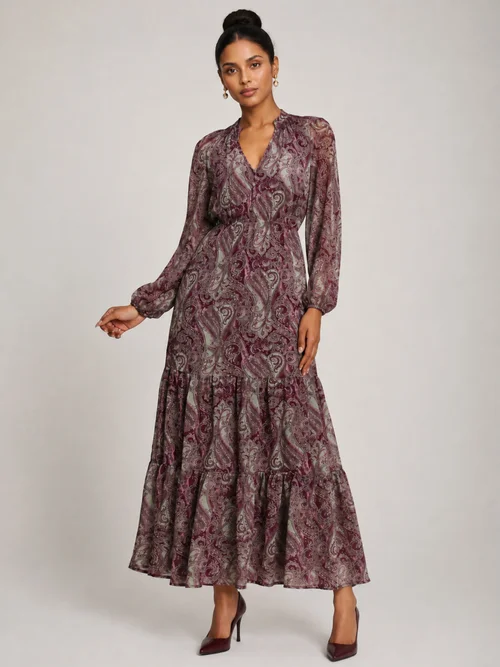 Jolie Moi Burgundy Multi Long Sleeve Paisley Chiffon Maxi Dress - 14 Image 1