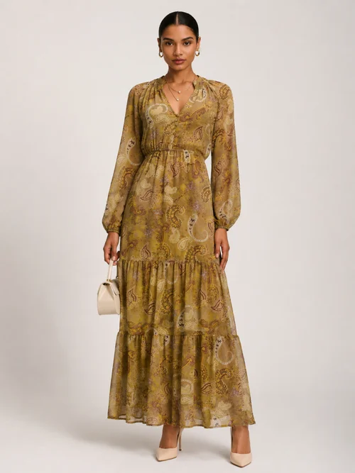 Jolie Moi Olive Green Long Sleeve Paisley Chiffon Maxi Dress - 14 Image 3