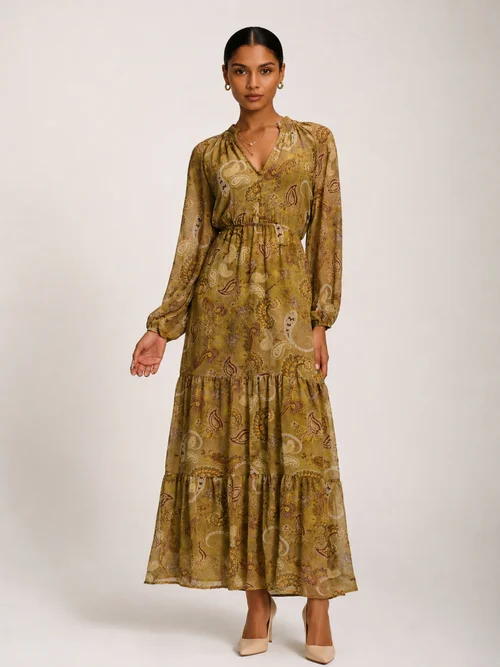 Jolie Moi Olive Green Long Sleeve Paisley Chiffon Maxi Dress - 14 Image 1