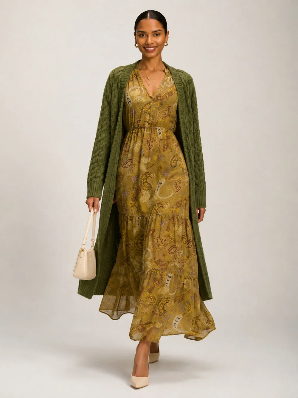 Jolie Moi Olive Green Long Sleeve Paisley Chiffon Maxi Dress - 14 Image 4