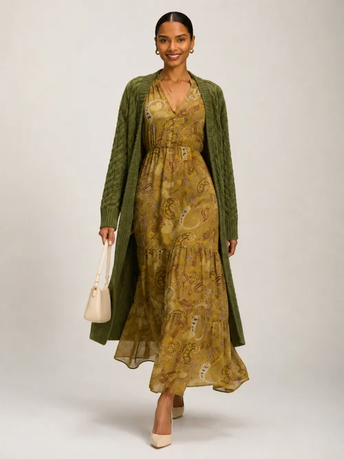 Jolie Moi Olive Green Long Sleeve Paisley Chiffon Maxi Dress - 14 Image 4