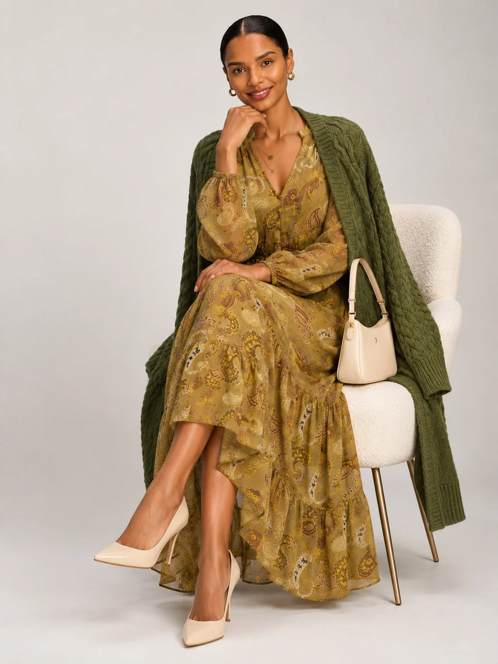 Jolie Moi Olive Green Long Sleeve Paisley Chiffon Maxi Dress - 14 Image 5