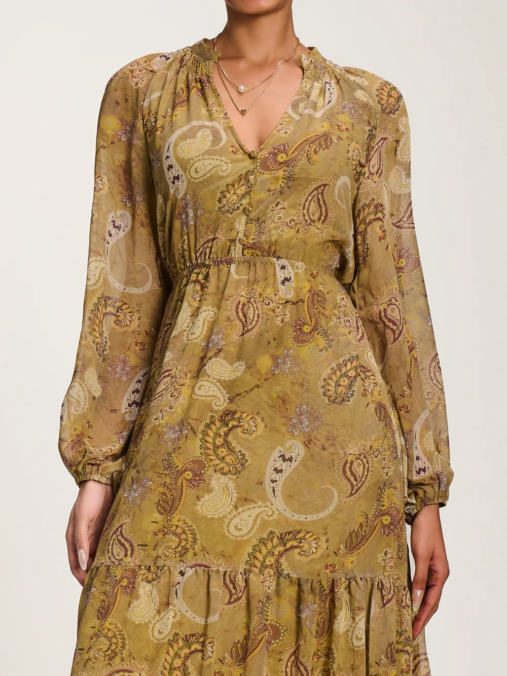 Jolie Moi Olive Green Long Sleeve Paisley Chiffon Maxi Dress - 14 Image 2