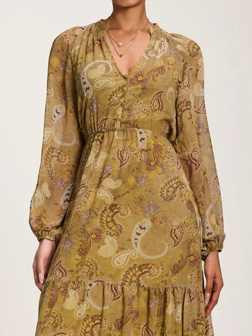 Jolie Moi Olive Green Long Sleeve Paisley Chiffon Maxi Dress - 14 Image 2