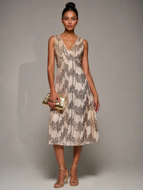 Jolie Moi Gold V-Neck Sequin Embellished Velvet Midi Dress - 8 Image 1