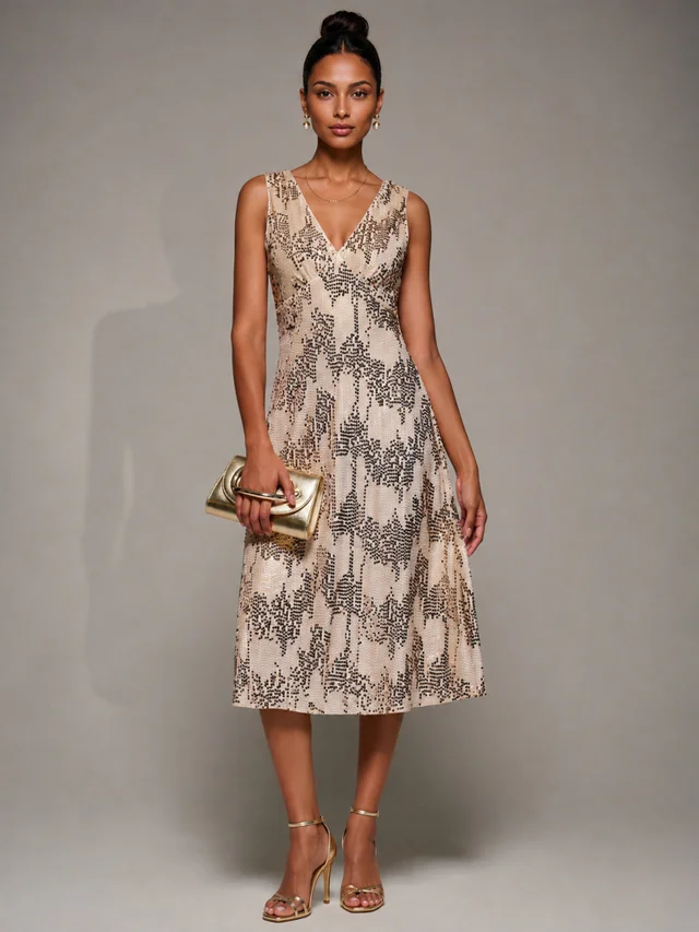Jolie Moi Gold V-Neck Sequin Embellished Velvet Midi Dress