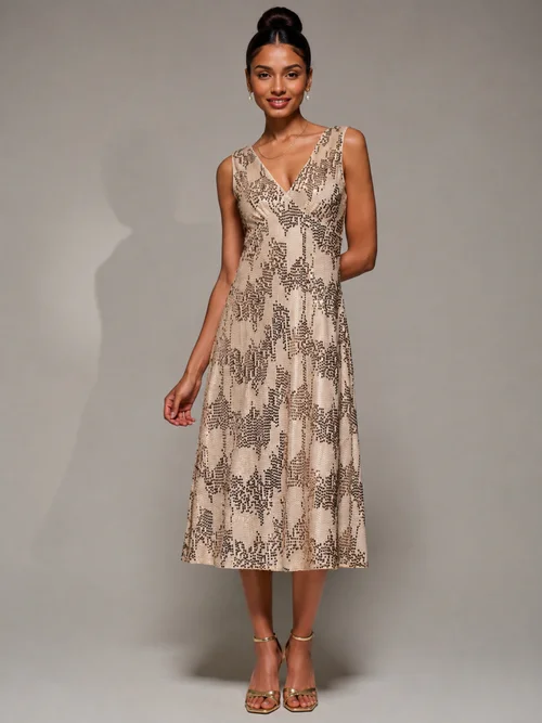 Jolie Moi Gold V-Neck Sequin Embellished Velvet Midi Dress - 8 Image 4