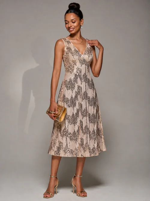 Jolie Moi Gold V-Neck Sequin Embellished Velvet Midi Dress - 8 Image 3