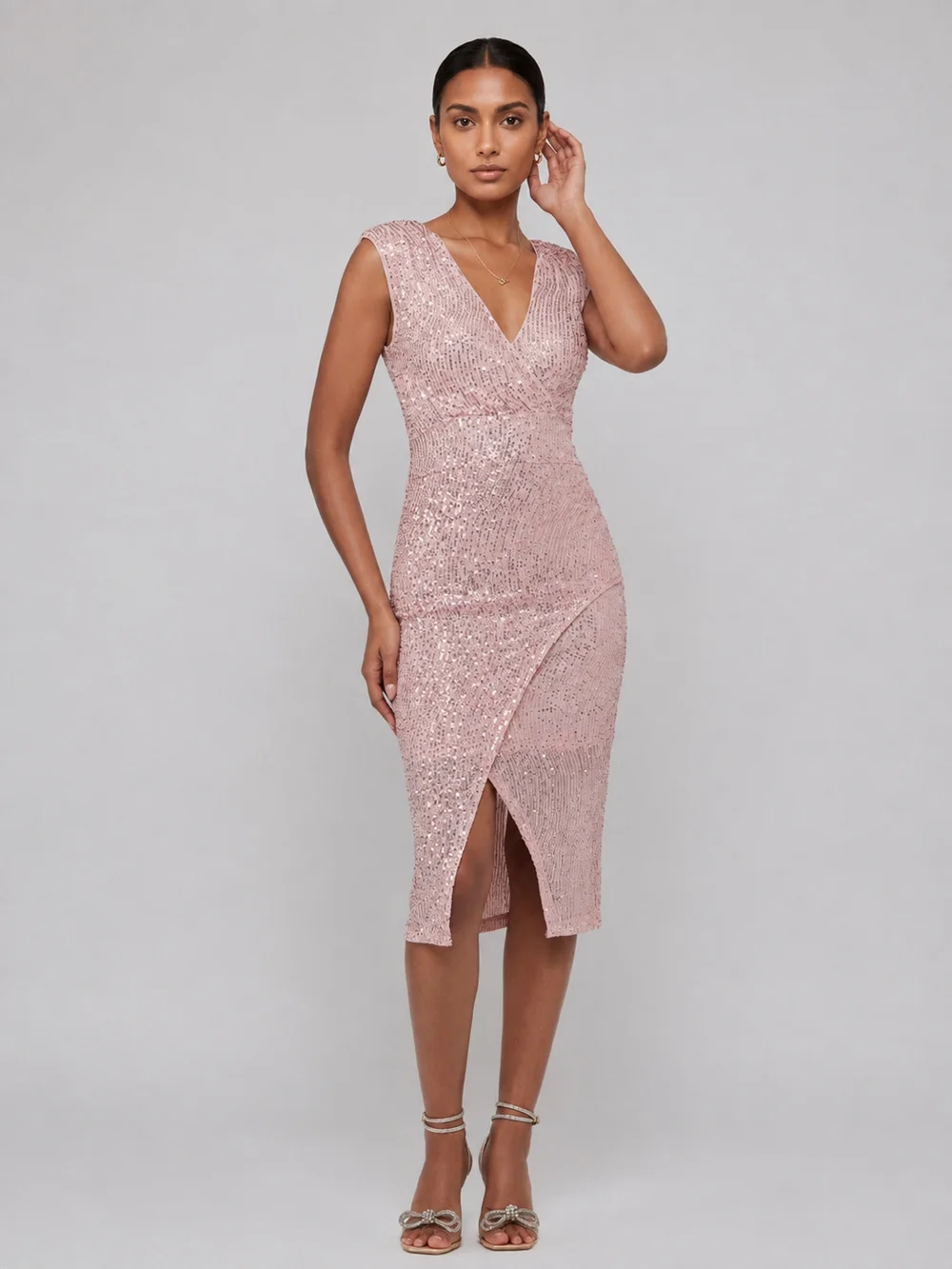 Jolie Moi Light Pink Deja Sequin Midi Dress With Slit - 16 Image 1
