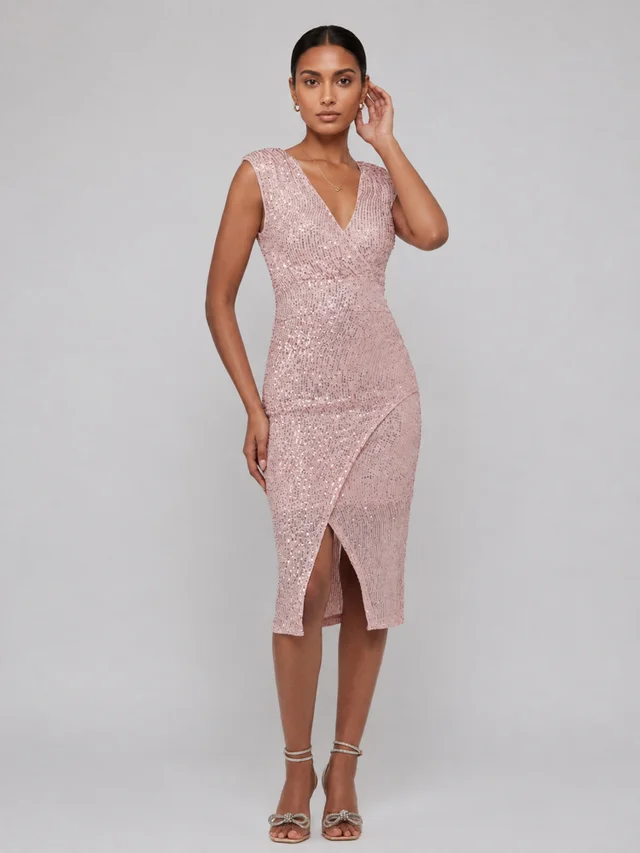 Jolie Moi Light Pink Deja Sequin Midi Dress With Slit
