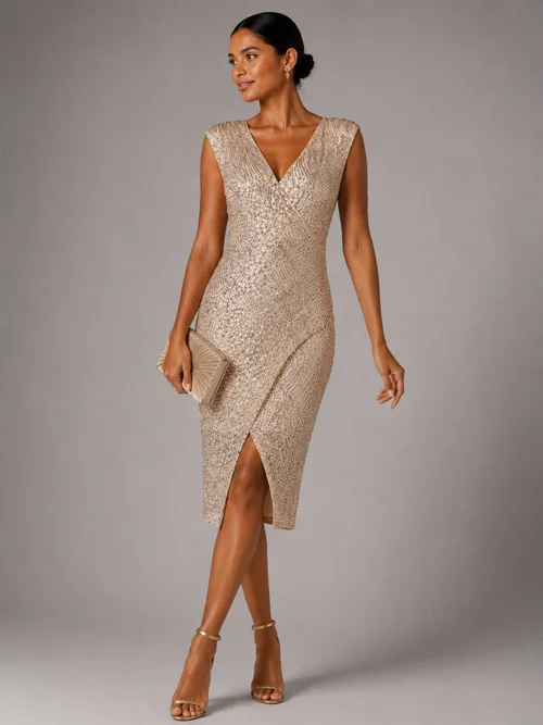 Jolie Moi Beige Silver Demi Sequin Wrap Slit Bodycon Dress - 14 Image 5