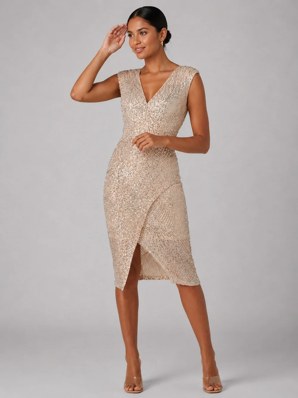 Jolie Moi Beige Silver Demi Sequin Wrap Slit Bodycon Dress - 14 Image 3