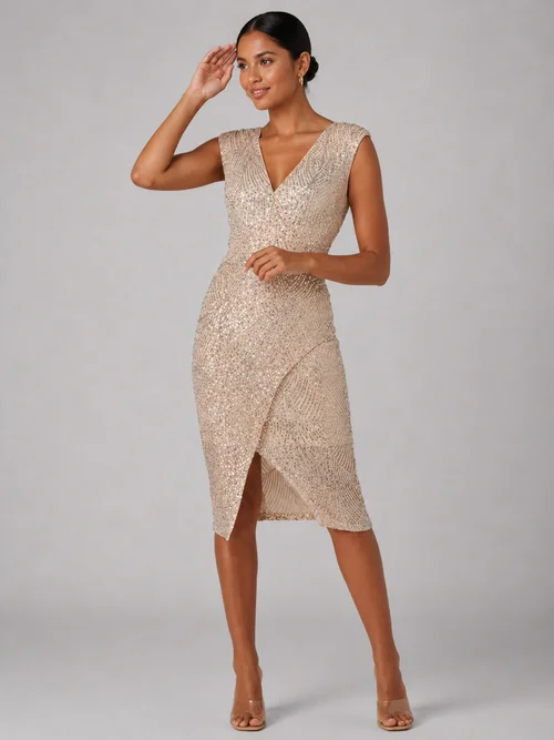 Jolie Moi Beige Silver Demi Sequin Wrap Slit Bodycon Dress - 14 Image 3
