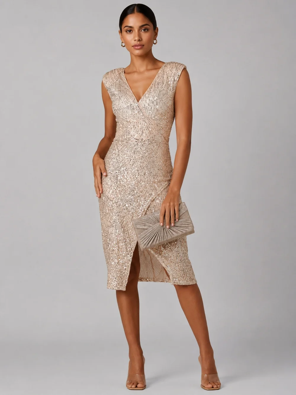 Jolie Moi Beige Silver Demi Sequin Wrap Slit Bodycon Dress - 14 Image 1