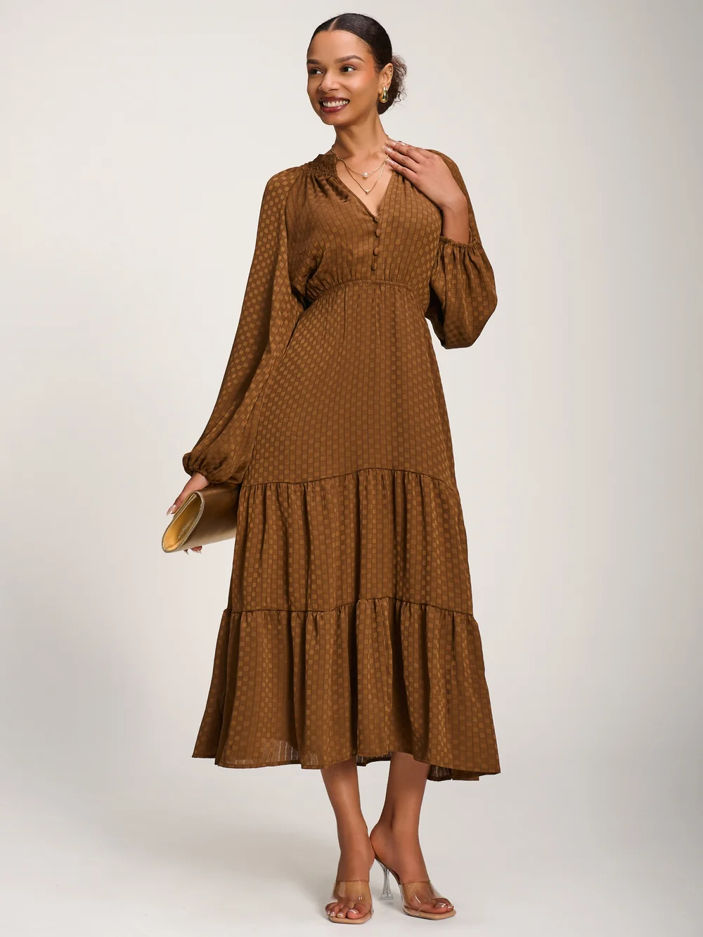 Jolie Moi Brown Long Sleeve Textured Satin Midaxi Dress - 16 Image 4