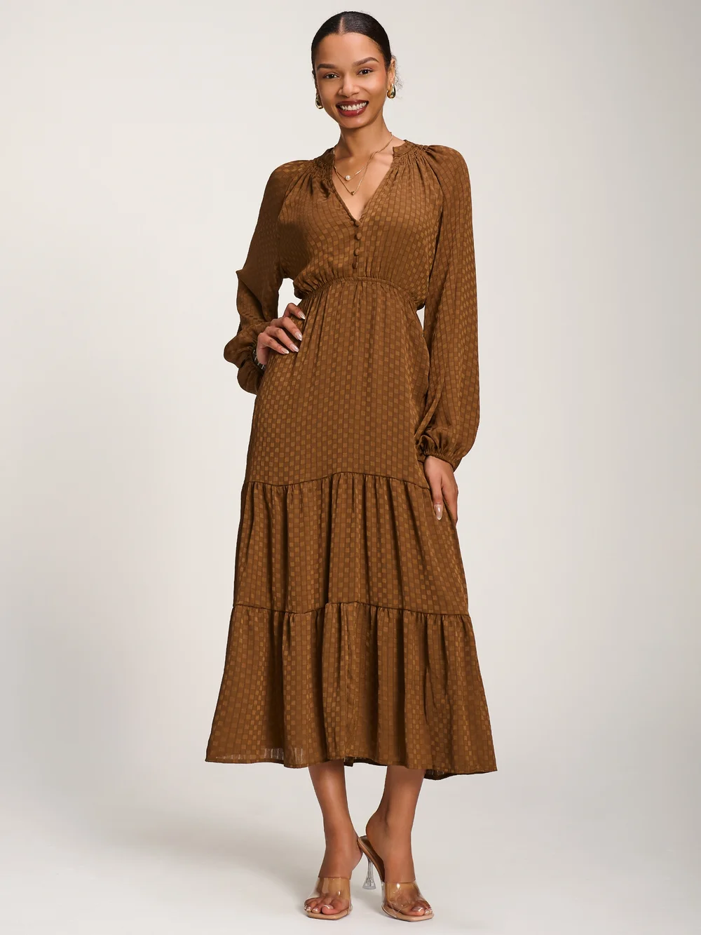 Jolie Moi Brown Long Sleeve Textured Satin Midaxi Dress - 16 Image 1